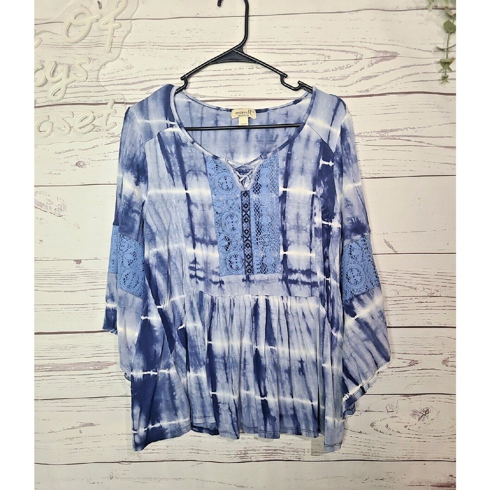 One World Blue White Tie Dye Crochet‎ Boho Bell Sleeve Top Womans Plus Size 1X